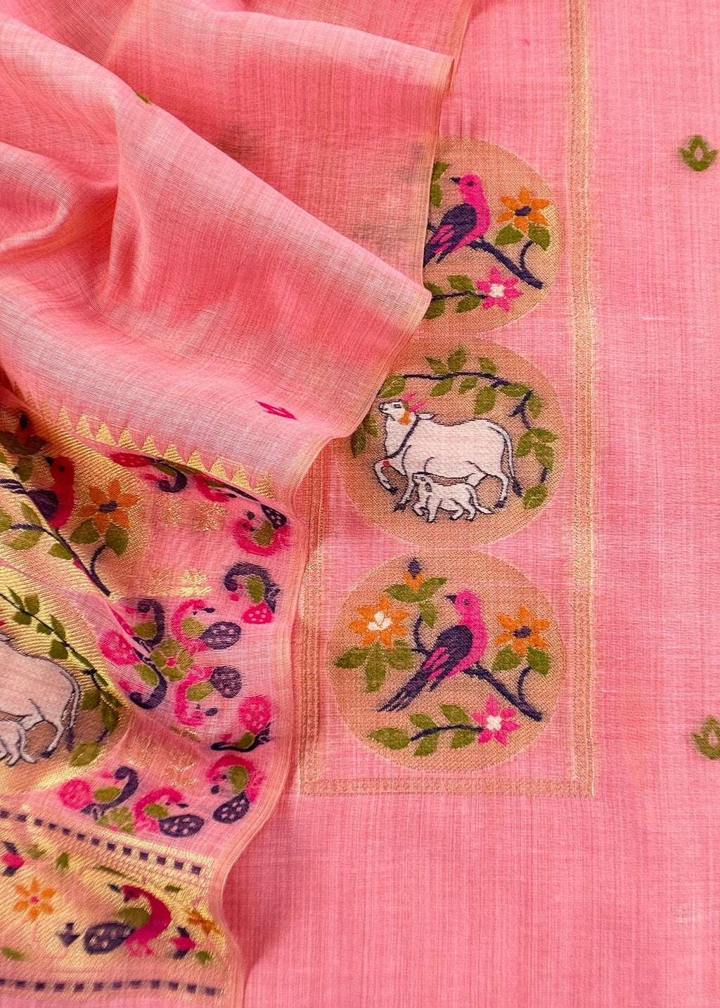 Pink Linen Chanderi Suit With Cow Pichwai Jamdani Weaving