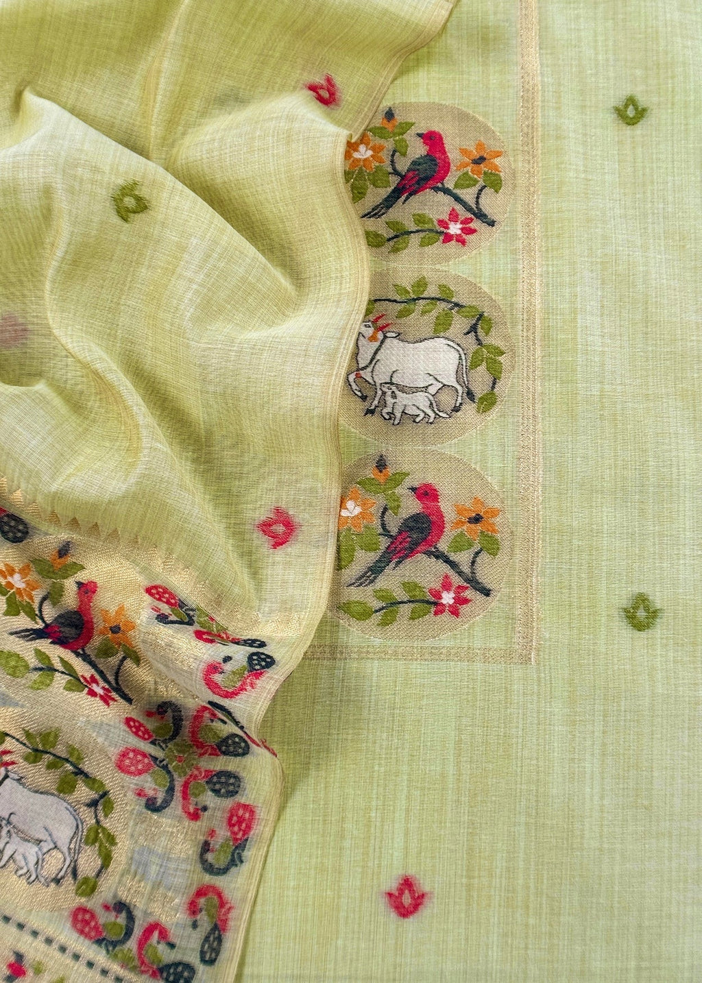 Green Linen Chanderi Suit With Cow Pichwai Jamdani Weaving