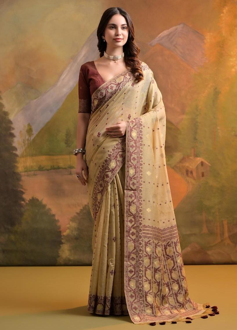 Muga Cotton Saree With Weaving Jamdani Pallu -  Chiku