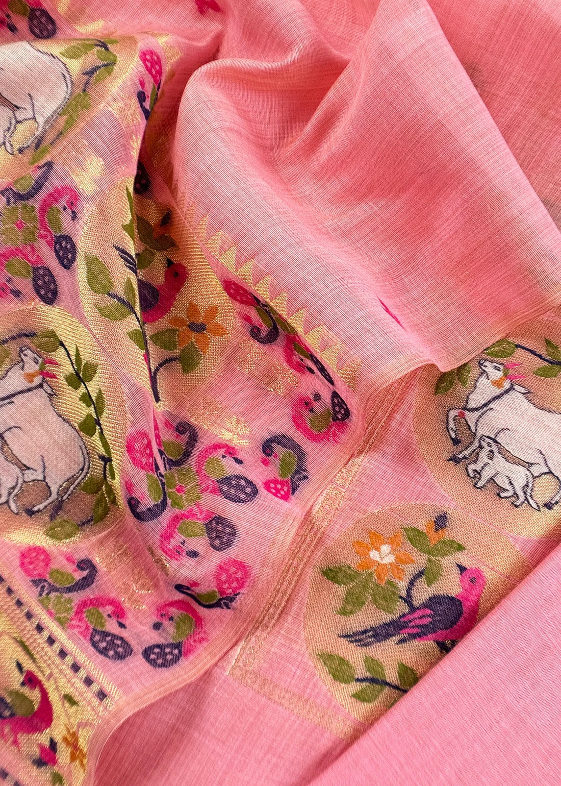 Pink Linen Chanderi Suit With Cow Pichwai Jamdani Weaving