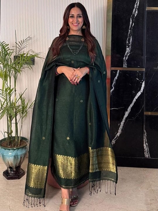 Jayshree Linen Golden zari unstitched suit - Dark Green