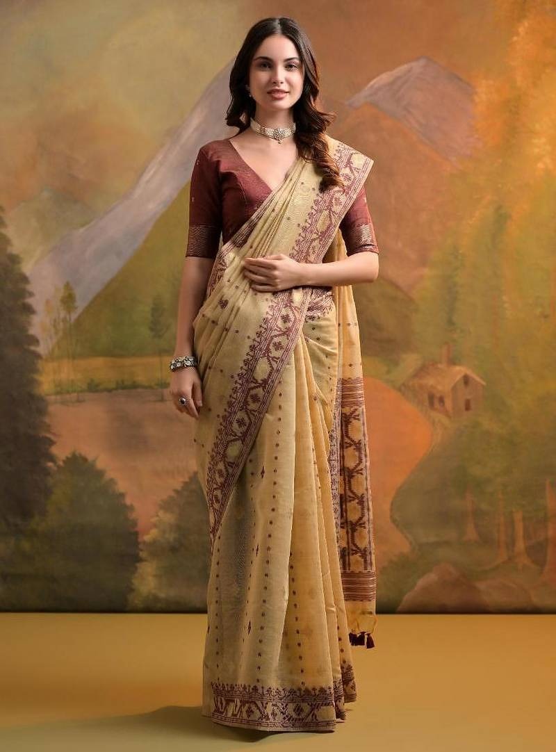Muga Cotton Saree With Weaving Jamdani Pallu -  Chiku