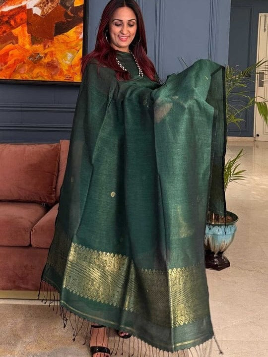 Jayshree Linen Golden zari unstitched suit - Dark Green