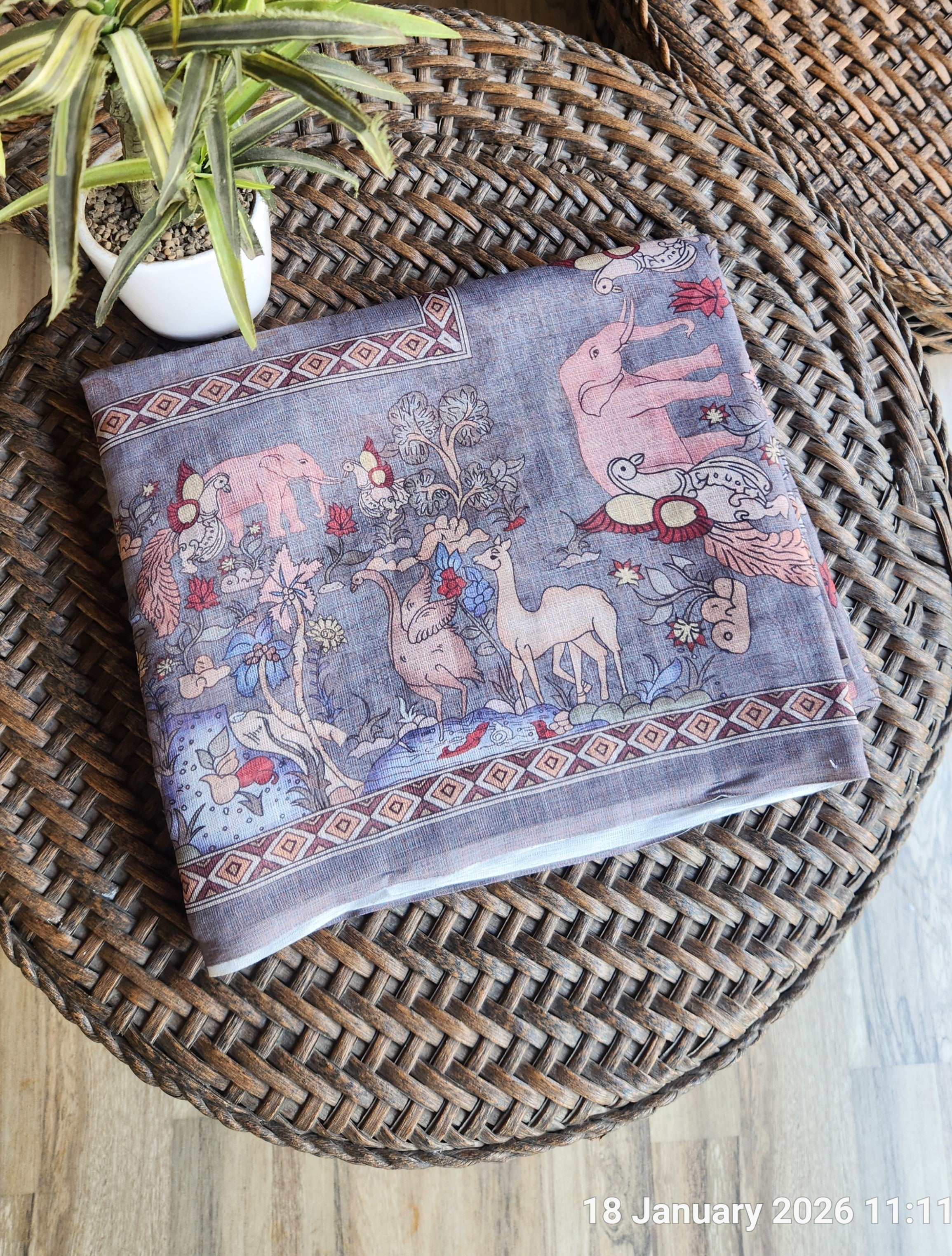 Pure linen Saree Forest Sceneary - Grey