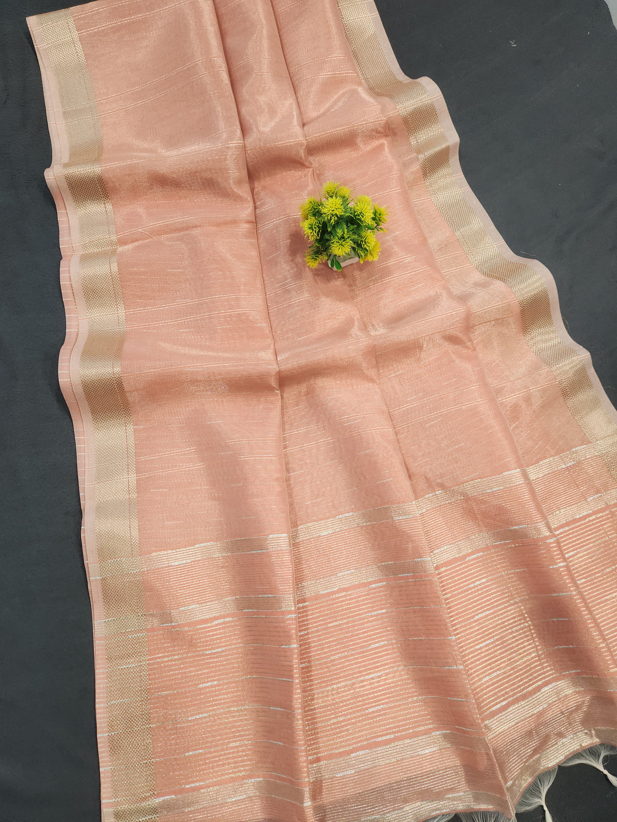Maheshwari Silk Saree With Stripe Zari Pallu - Peach