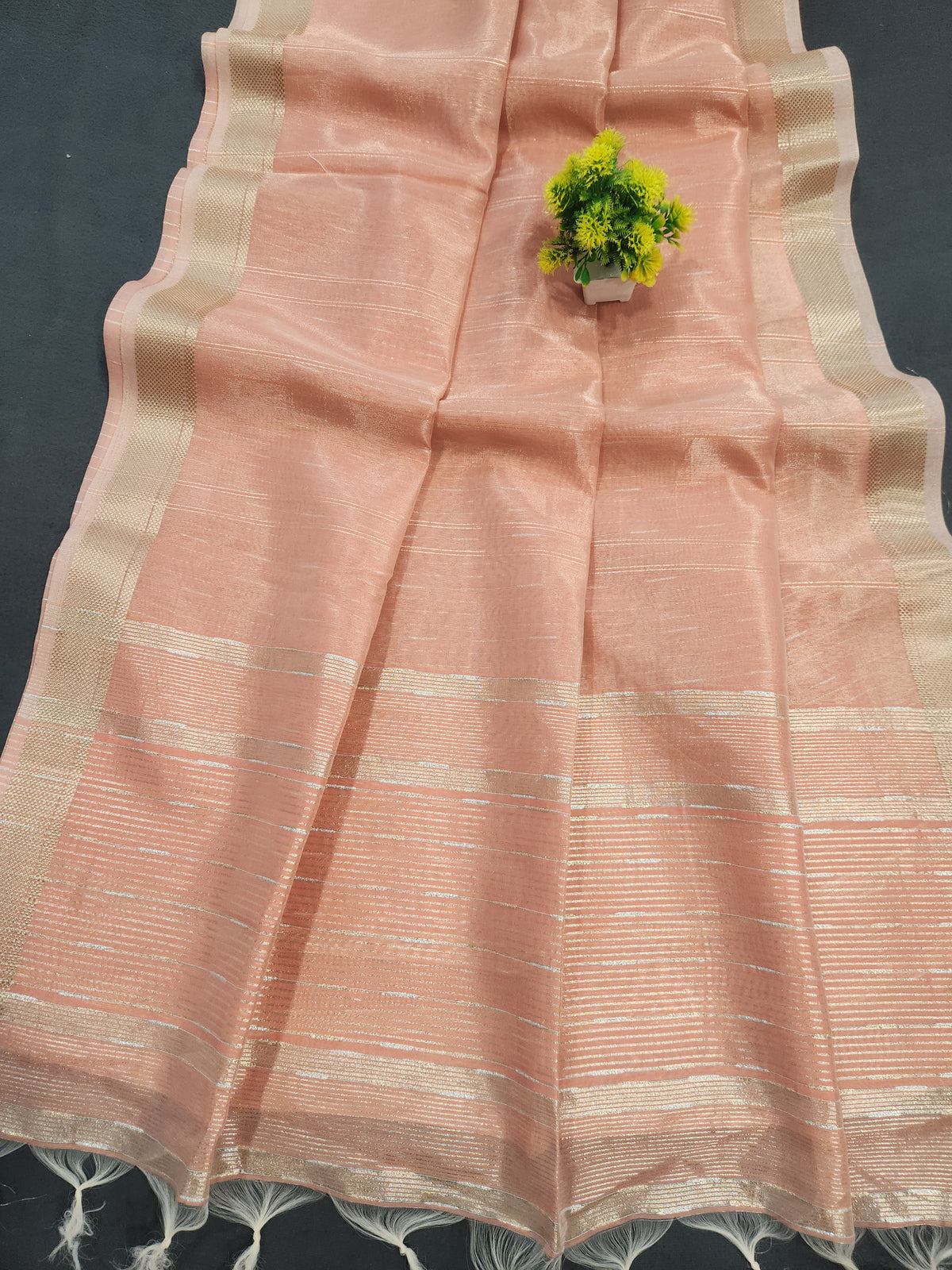 Maheshwari Silk Saree With Stripe Zari Pallu - Peach