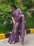 Elegant Mauve Embroidered Silk Saree with Delicate Floral Detailing 🌸